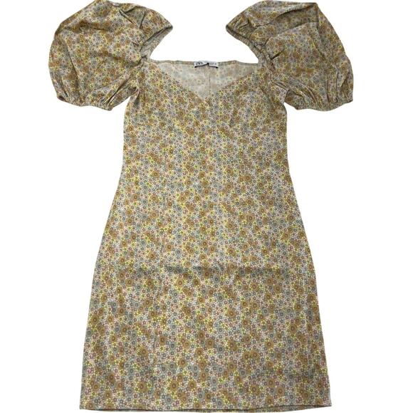 Zara Dress Womens Small Yellow Floral Puff Sleeve V Neck Mini Spring Summer Boho - Picture 1 of 8